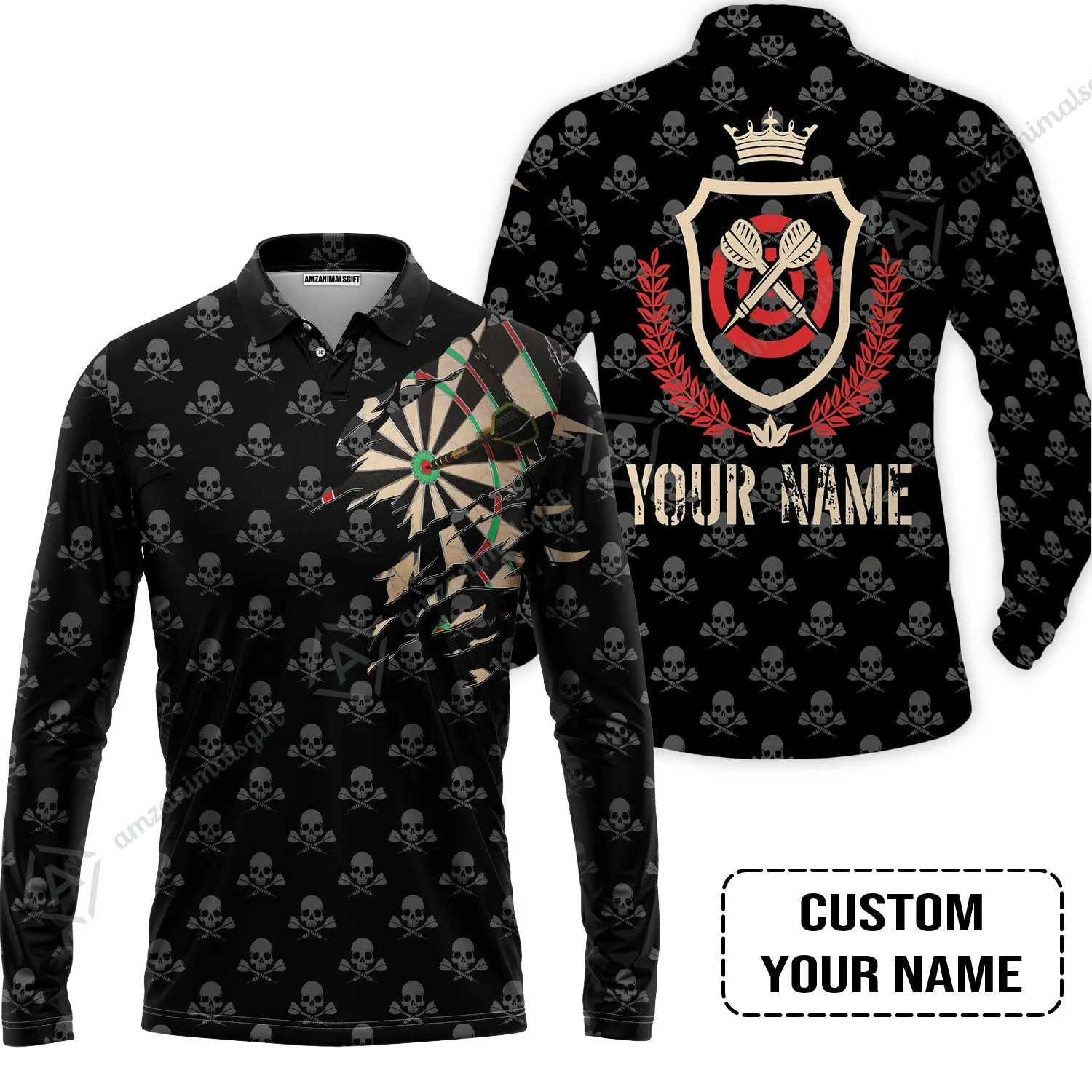 Customized Darts Zip Polo Shirt, Skull King Darts Personalized Name Zip Polo Shirt - Perfect Gift For Darts Lovers, Darts Players - Image 3