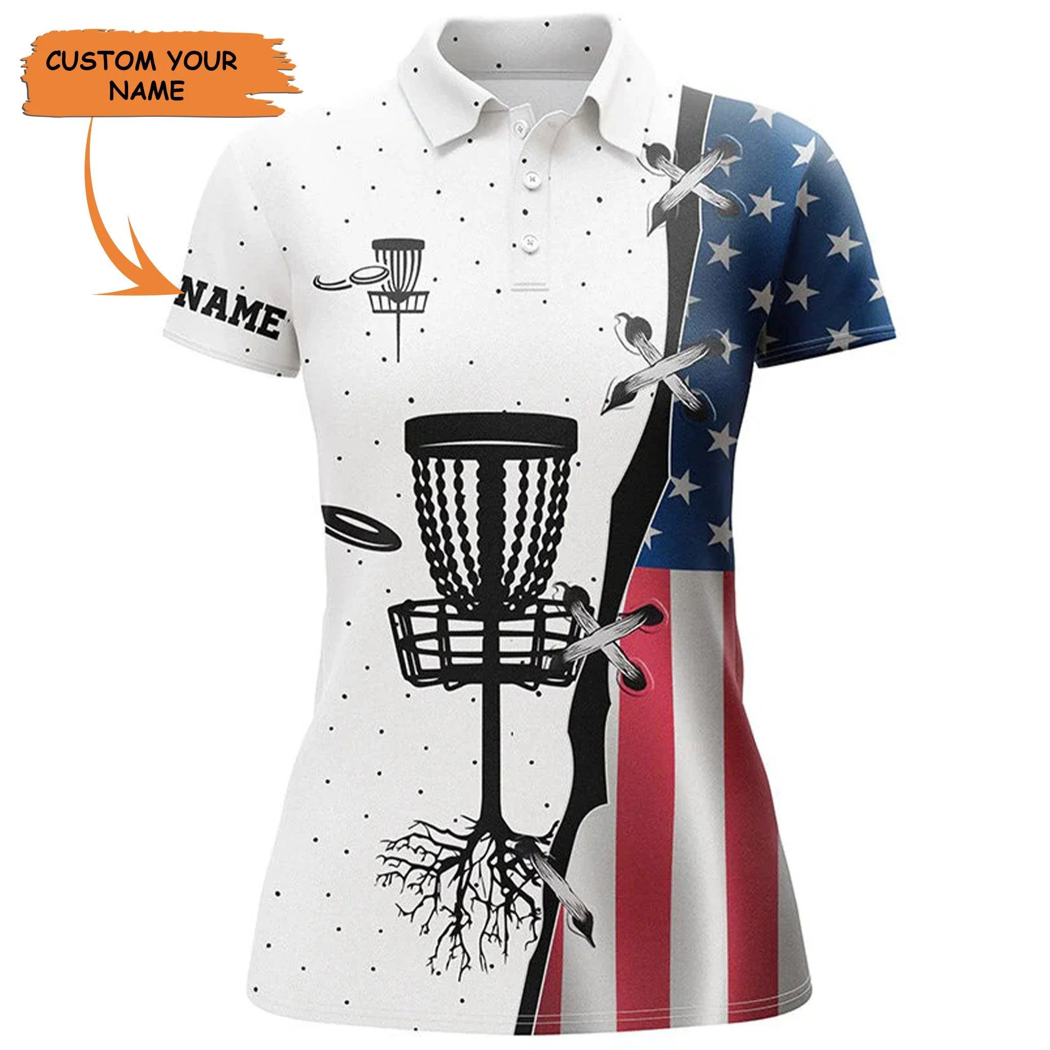 Customized Disc Golf Women Polo Shirt, American Flag Personalized Disc Golf Team Shirt, Disc Golf Gifts - Perfect Gift For Ladies, Disc Golf Lovers