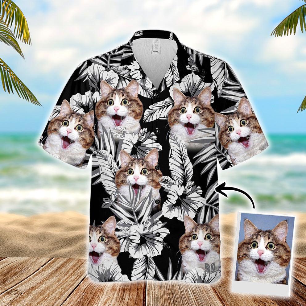 Customized Dog Cat Face Aloha Hawaiian Shirts With Pet Face - Flowers Pattern Black Color Aloha Hawaiian Shirts & Tops For Cat Lovers