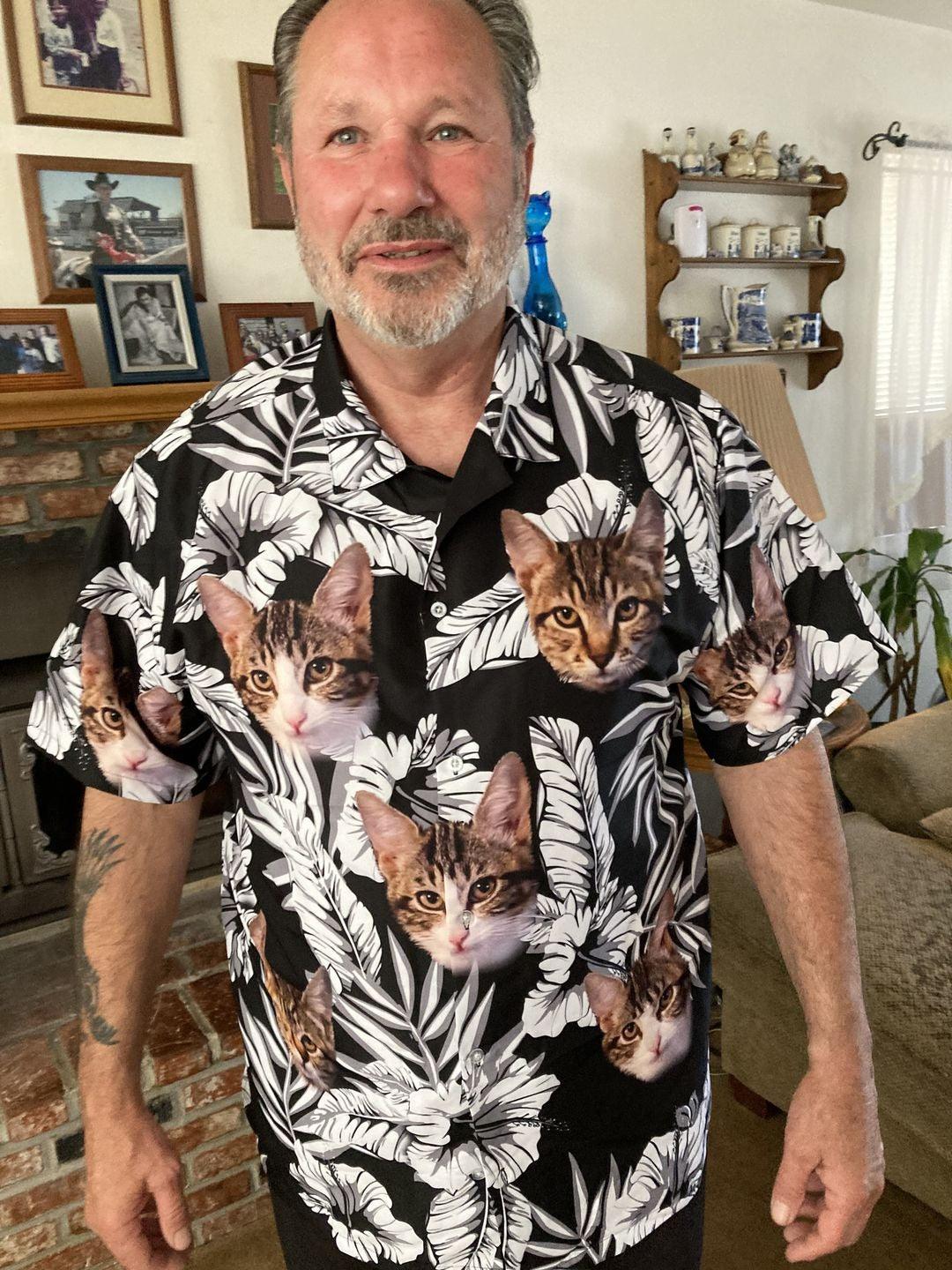 Customized Dog Cat Face Aloha Hawaiian Shirts With Pet Face - Flowers Pattern Black Color Aloha Hawaiian Shirts & Tops For Cat Lovers - Image 6