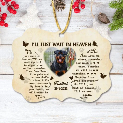 Customized Dog Photo Aluminum Ornament, Custom Pet Photo Aluminum Ornament, I'll Just Wait In Heaven - Memorial Gift For Dog Lovers, Pet Lovers