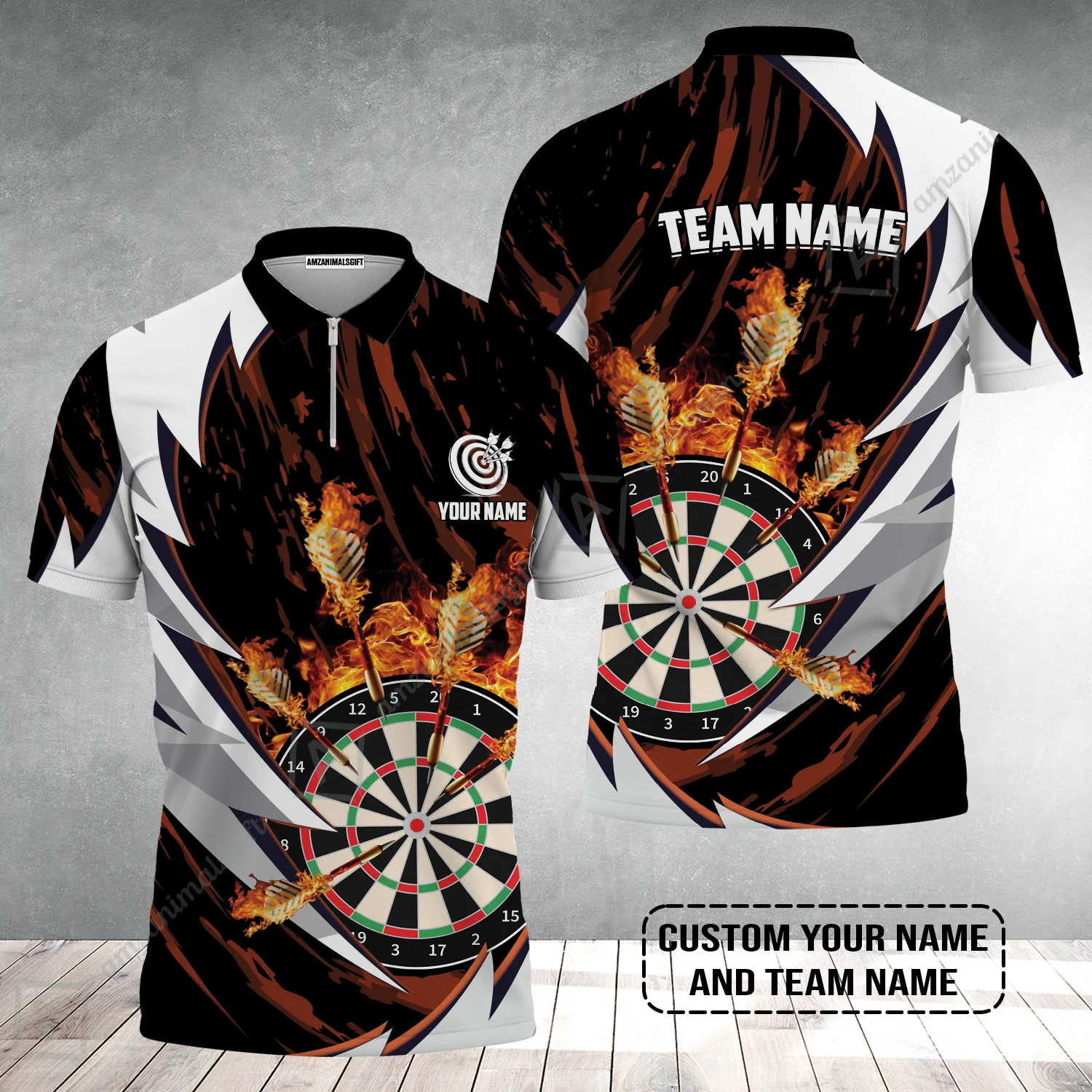 Customized Fire Thunderstorm Darts Zip Polo Shirt, Personalized Darts Zip Polo Shirt - Image 2