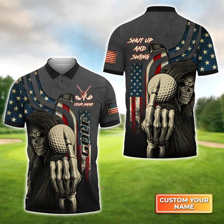 Customized Golf Men Polo Shirts, American Flag Skull Golf Shut Up And Swing, Personalized Customized Name Golf Polo Shirt For Men, Golfers