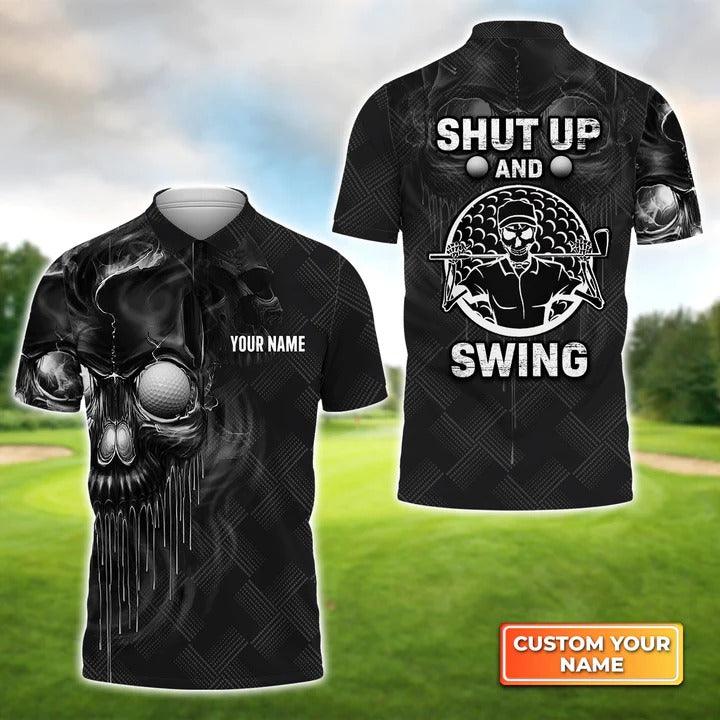 Customized Golf Men Polo Shirts, Skull Golf Shut Up And Swing, Personalized Customized Name Golf Polo Shirt For Men, Golfers