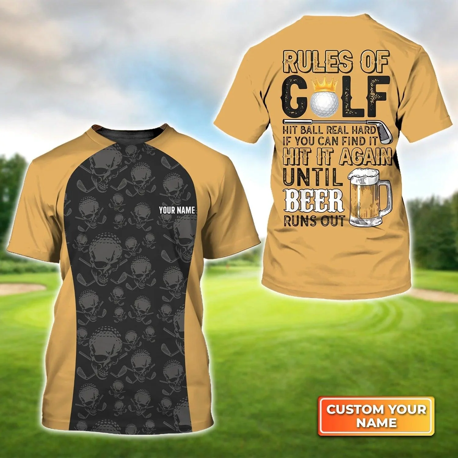 Customized Golf T Shirt, Personalized Name Golf And Beer Rules of Golf Skull Background T Shirt For Golf Lovers - Perfect Gift For Golfer, Friend