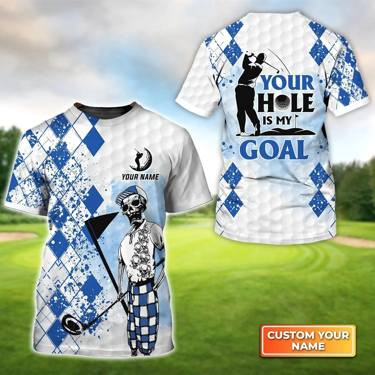 Customized Golf T Shirt, Personalized Name Golf Skull Blue Argyle Pattern My Goal T Shirt For Golf Lovers - Perfect Gift For Golfer, Friend, Family