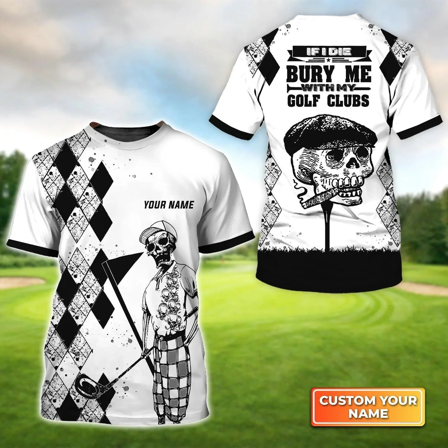 Customized Golf T Shirt, Personalized Name Skeleton Play Golf Argyle Pattern If I Die T Shirt For Golf Lovers - Perfect Gift For Golfer, Friend
