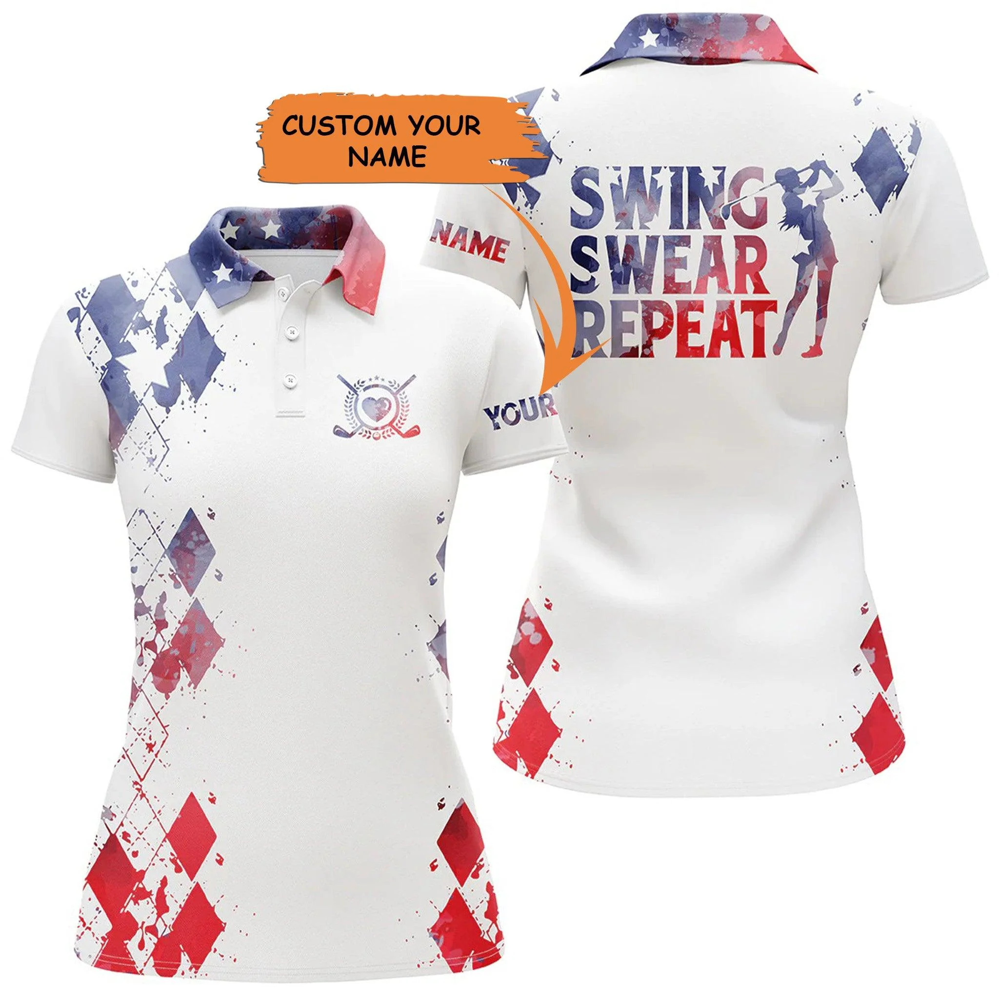Customized Golf Women Polo Shirt, Watercolor American Flag Personalized Swing Swear Repeat White Shirt - Perfect Gift For Ladies, Golf Lovers, Golfers