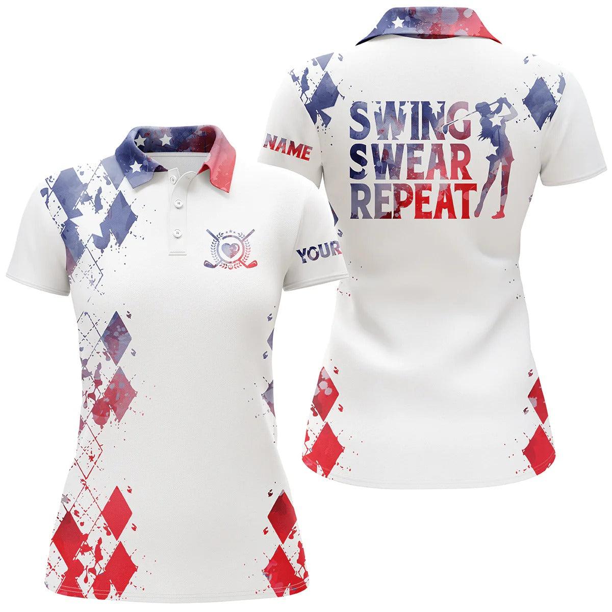 Customized Golf Women Polo Shirt, Watercolor American Flag Personalized Swing Swear Repeat White Shirt - Perfect Gift For Ladies, Golf Lovers, Golfers - Image 2
