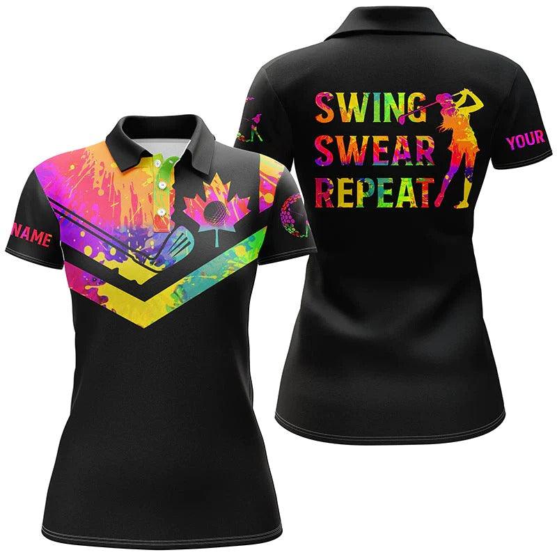 Customized Golf Women Polo Shirt, Watercolor Canadian Flag Personalized Swing Swear Repeat Black Shirts - Perfect Gift For Ladies, Golf Lovers, Golfers - Image 2