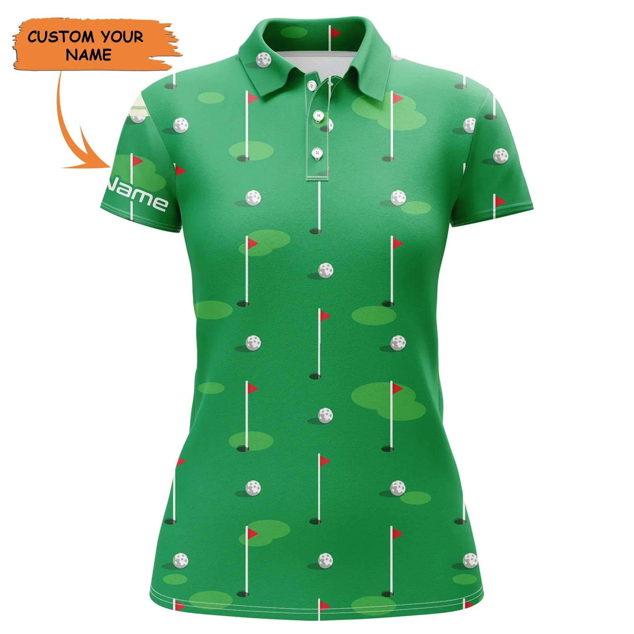Customized Golf Women Polo Shirts, Flag And Balls Green Golf Course Pattern Personalized Polo Shirts - Perfect Gift For Ladies, Golf Lovers, Golfers