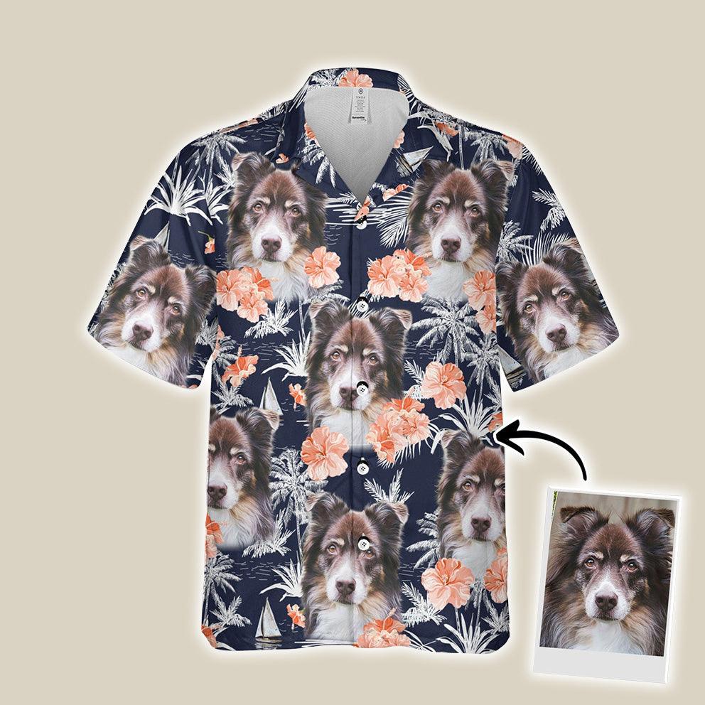 Customized Hawaiian Shirt With Pet Face, Orange Flower, Palm Trees And Sailboat Dark Navy Color Aloha Shirt, Personalized Gift For Pet Lovers - Image 2