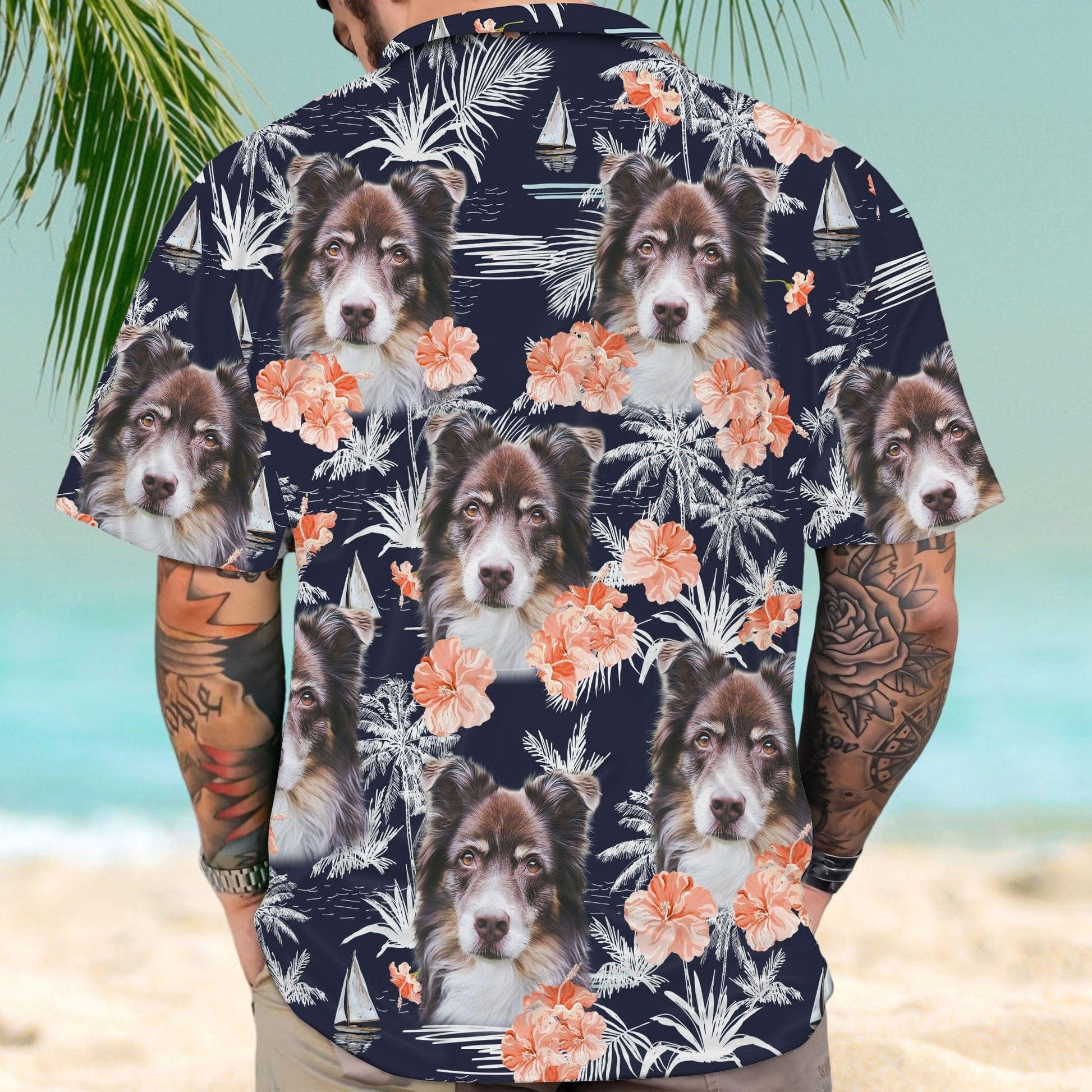 Customized Hawaiian Shirt With Pet Face, Orange Flower, Palm Trees And Sailboat Dark Navy Color Aloha Shirt, Personalized Gift For Pet Lovers - Image 3