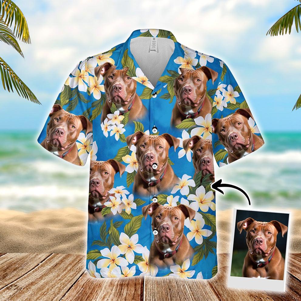 Customized Hawaiian Shirt With Pet Face - Pet Face Hawaiian Shirt, White Plumeria Bouquet On Turquoise Sea Blue Color Aloha Shirt - Gift For Pet Lovers - Image 2