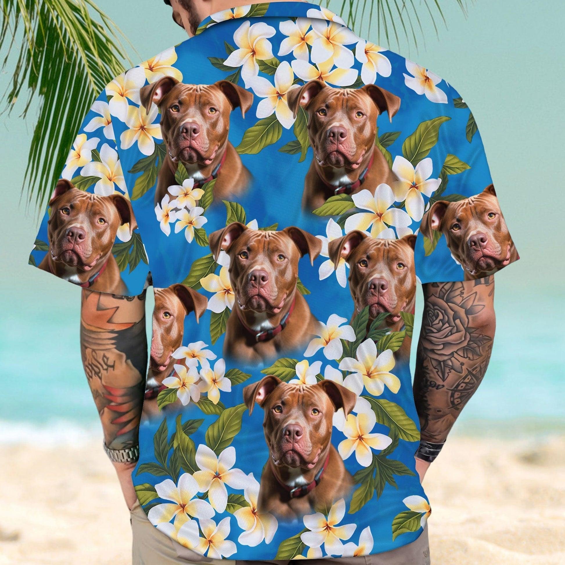 Customized Hawaiian Shirt With Pet Face - Pet Face Hawaiian Shirt, White Plumeria Bouquet On Turquoise Sea Blue Color Aloha Shirt - Gift For Pet Lovers - Image 3