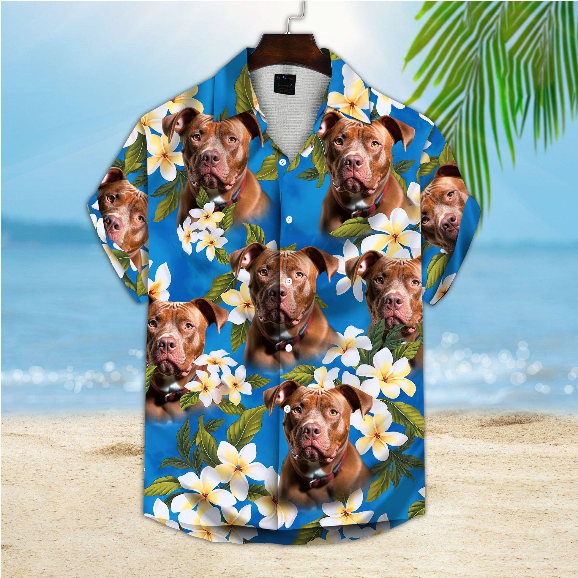 Customized Hawaiian Shirt With Pet Face - Pet Face Hawaiian Shirt, White Plumeria Bouquet On Turquoise Sea Blue Color Aloha Shirt - Gift For Pet Lovers - Image 4