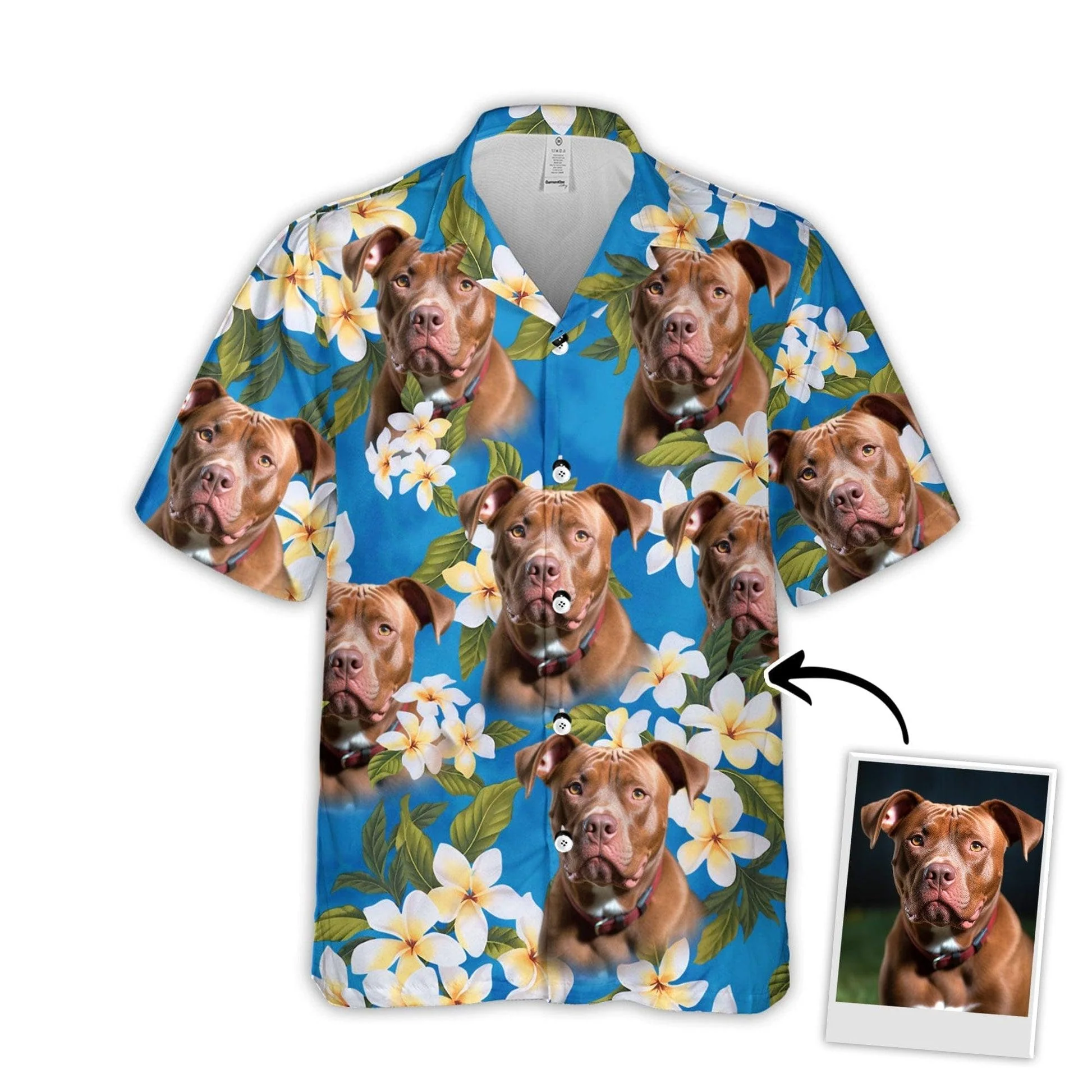 Customized Hawaiian Shirt With Pet Face - Pet Face Hawaiian Shirt, White Plumeria Bouquet On Turquoise Sea Blue Color Aloha Shirt - Gift For Pet Lovers - Image 5