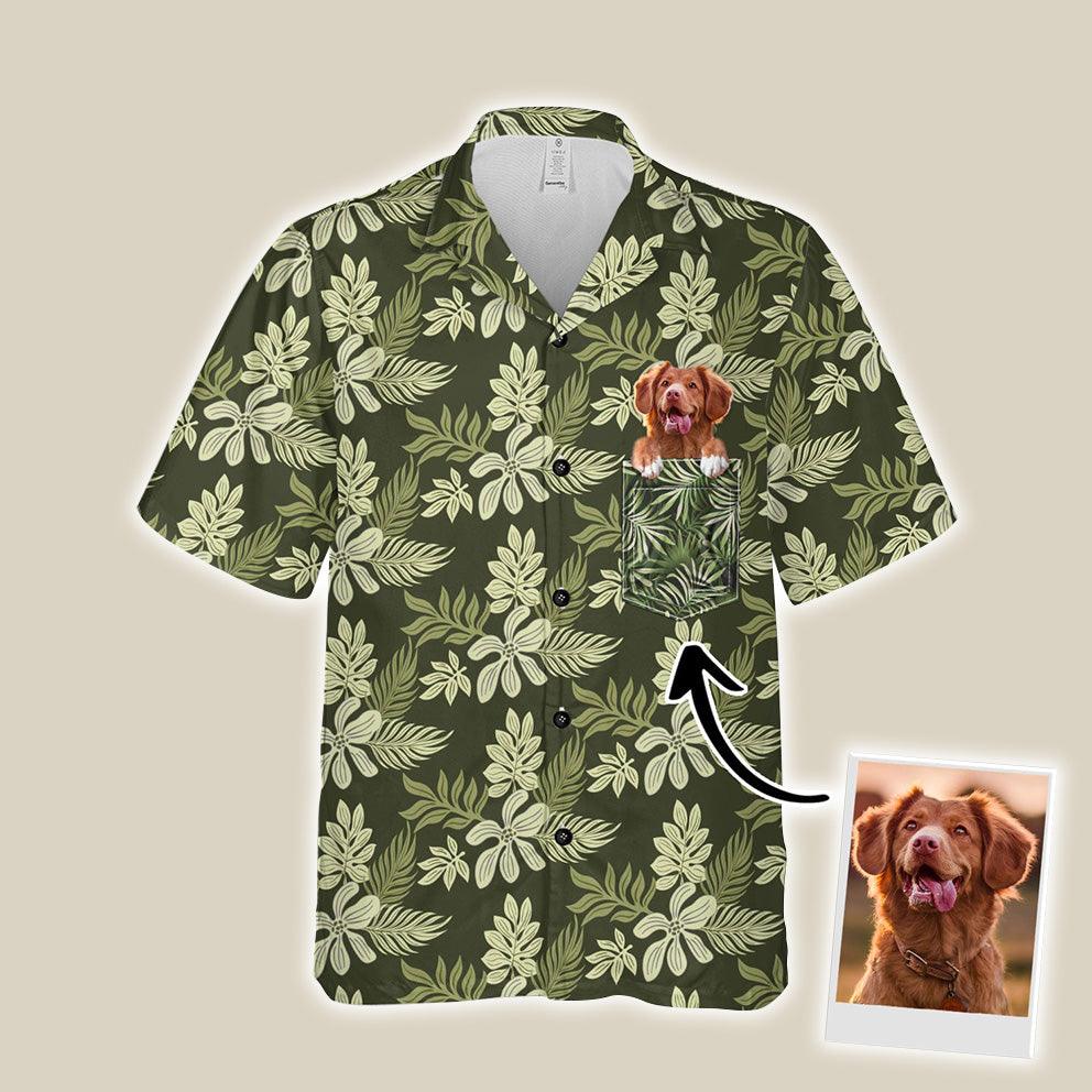 Customized Hawaiian Shirt With Pet Face - Summer Flower Pattern Military Green Color Aloha Shirt - Personalized Gift For Pet Lovers