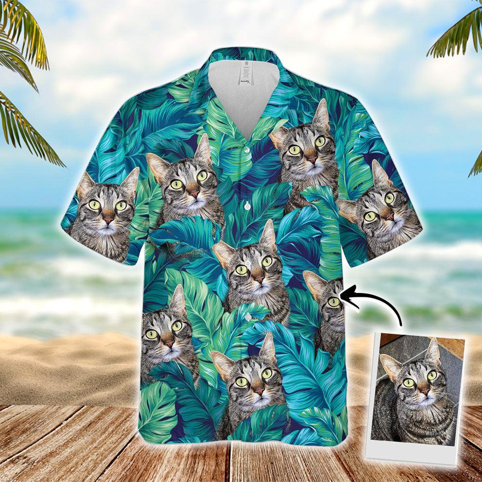 Customized Hawaiian Shirt With Pet Face - Turquoise And Blue Tropical Leaves Pattern Aloha Shirt, Pet Face Shirt - Personalized Gift For Pet Lovers