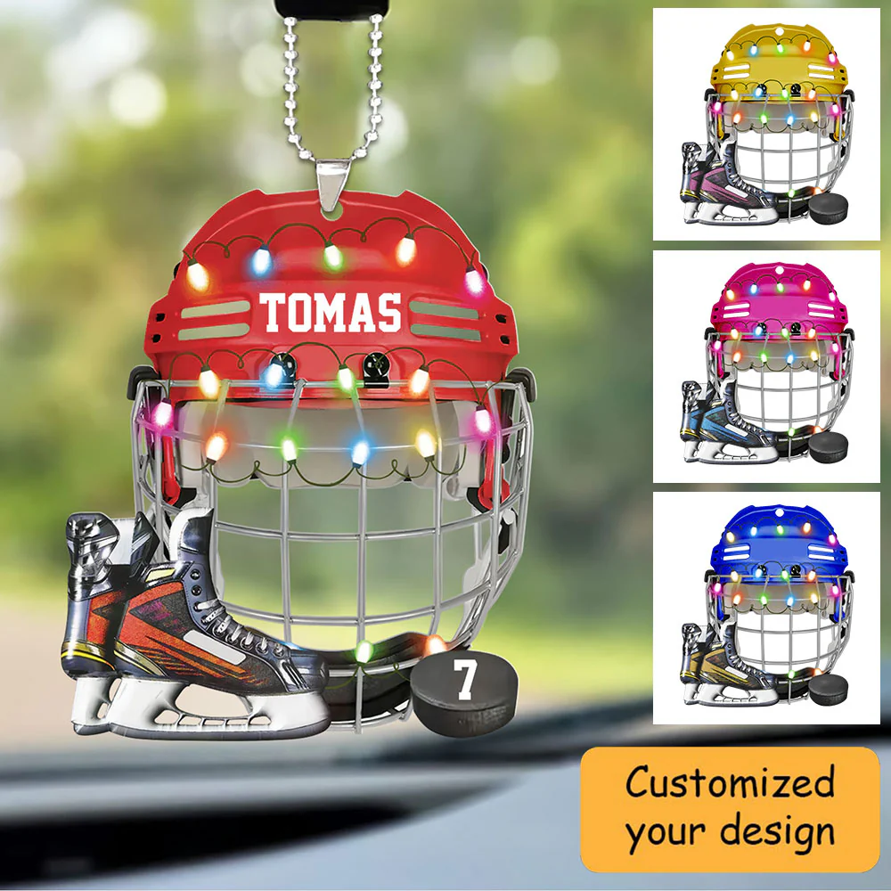 Customized Ice Hockey Helmet Shoes Christmas Car Ornament, Hockey Team Car Ornament Hanging Tree - Gift For Hockey Lovers, Hockey Players