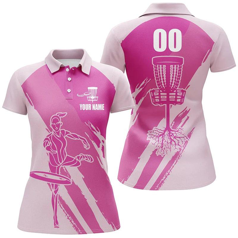 Customized Name And Number Disc Golf Women Polo Shirts, Personalized Ladies Disc Golf Polo Shirts Pink - Perfect Gift For Disc Golf Lovers - Image 2