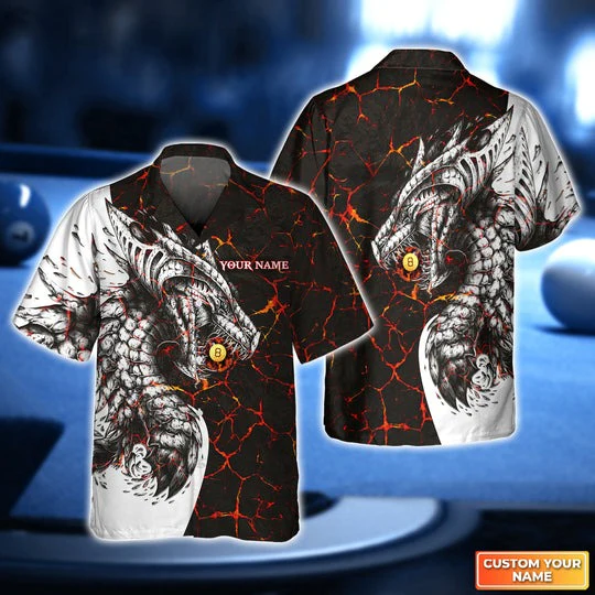 Customized Name Billiard Hawaiian Shirts, Dragon Flaws Pattern Billiard Pool 8 Ball Personalized Aloha Shirts - Gift For Billiard Lovers, Billiard Players