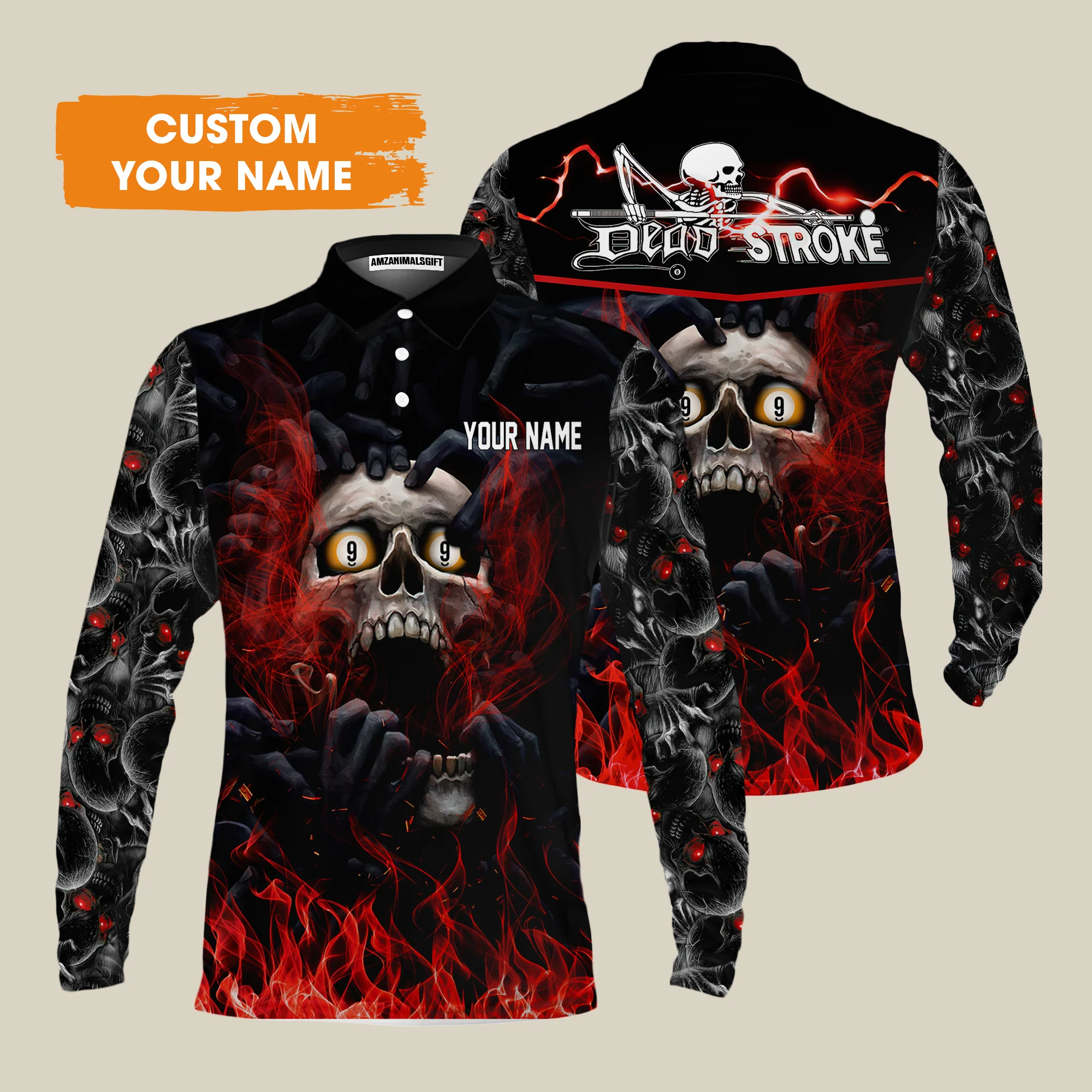 Customized Name Billiard Men's Long Sleeve Polo Shirt, Dead Stroke Pool 9 Ball Skull On Fire Men's Long Sleeve Polo Shirt - Gift For Billiard Players - Image 2