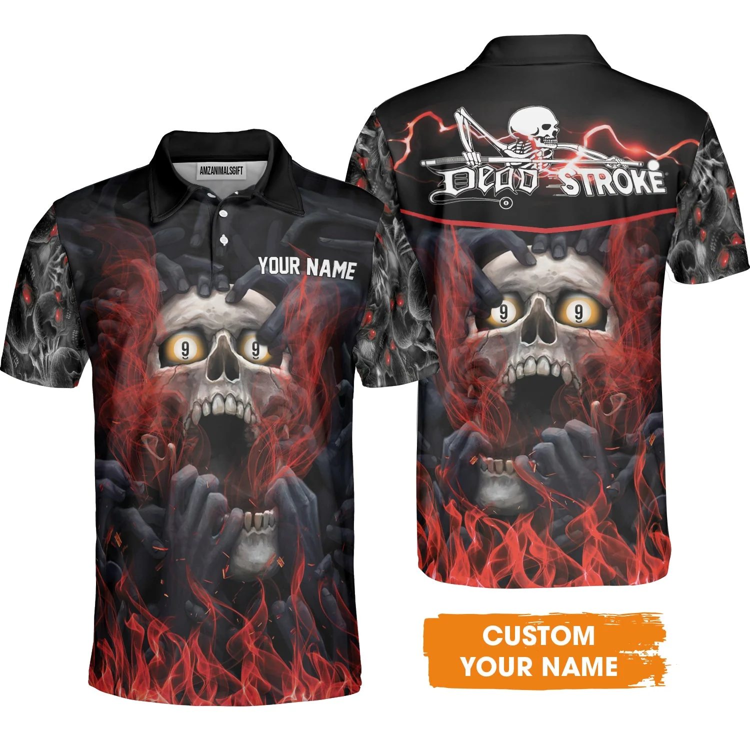 Customized Name Billiard Men's Long Sleeve Polo Shirt, Dead Stroke Pool 9 Ball Skull On Fire Men's Long Sleeve Polo Shirt - Gift For Billiard Players - Image 3