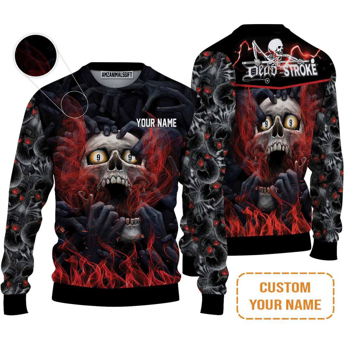 Customized Name Billiard Men's Long Sleeve Polo Shirt, Dead Stroke Pool 9 Ball Skull On Fire Men's Long Sleeve Polo Shirt - Gift For Billiard Players - Image 7