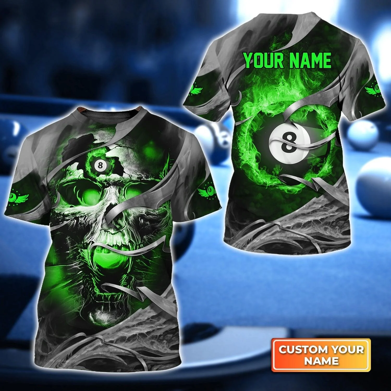 Customized Name Billiard T Shirt, Black And Green Skull With 8-Ball Billiards Game T Shirt For Men - Gift For Billiard Lovers, Billiard Players