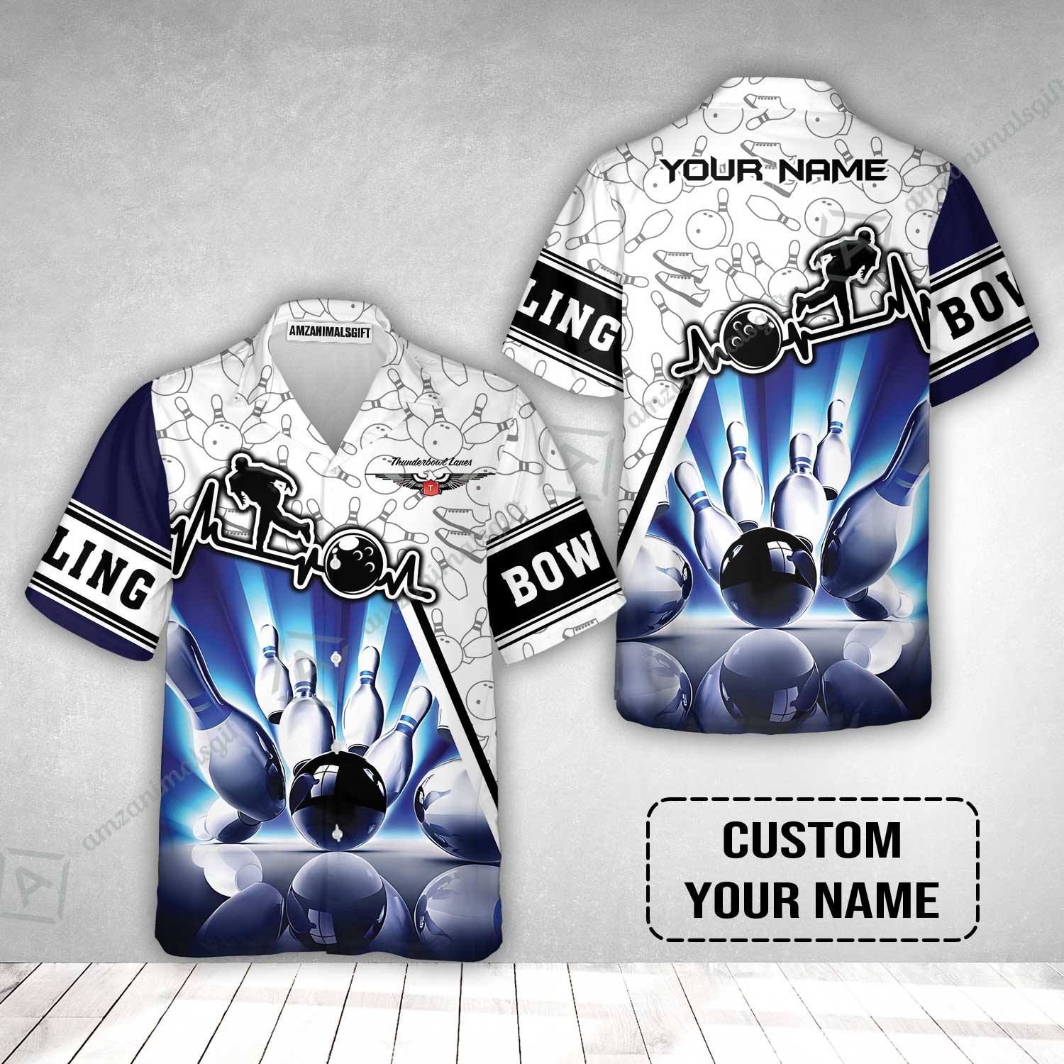 Customized Name Bowling Hawaiian Shirt, Personalized Unique Design Blue Heartbeat Bowling Hawaiian Shirt - Image 2