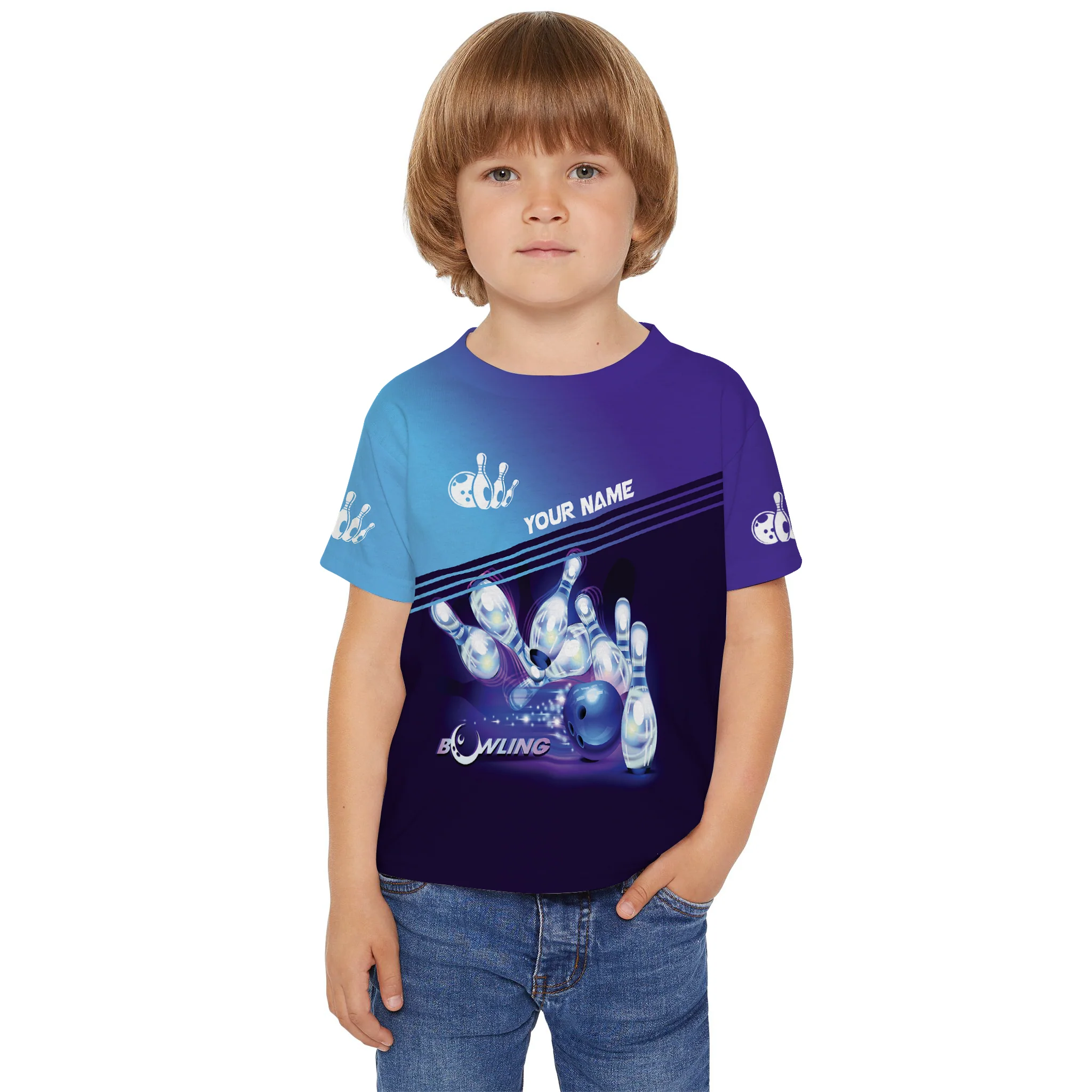 Customized Name Bowling Kids and Youth T Shirt, Personalized Blue Bowling Shirt Team Uniform Player - Best Gift For Kids, Son, Daughter - Image 3