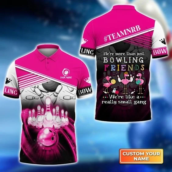 Customized Name Bowling Men Polo Shirt, We're Like A Really Small Gang Personalized Flamingo Bowling Polo Shirt - Gift For Bowlers, Bowling Lovers