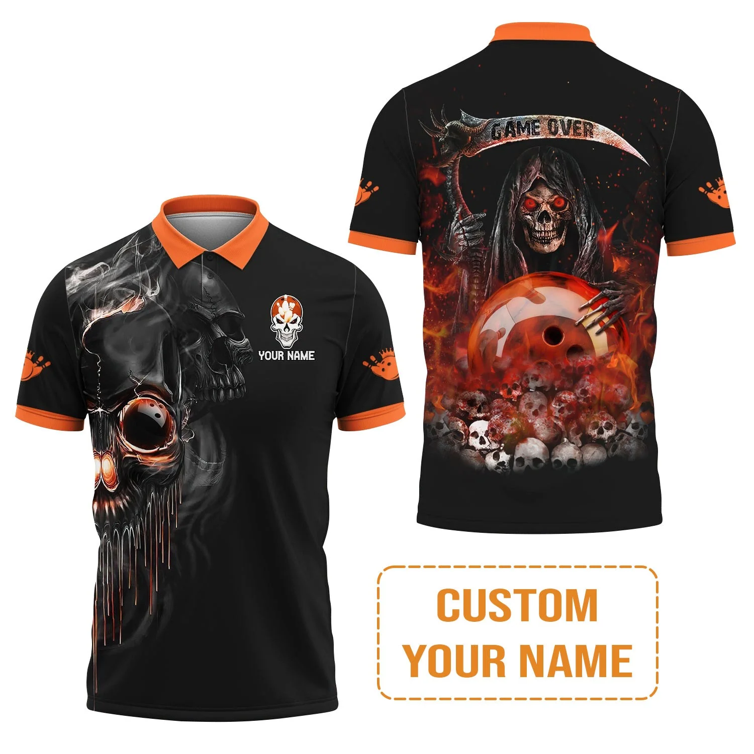 Customized Name Bowling Men's Long Sleeve Polo Shirt, Orange Grim Reaper Personalized Bowling Long Sleeve Polo Shirt - Image 3