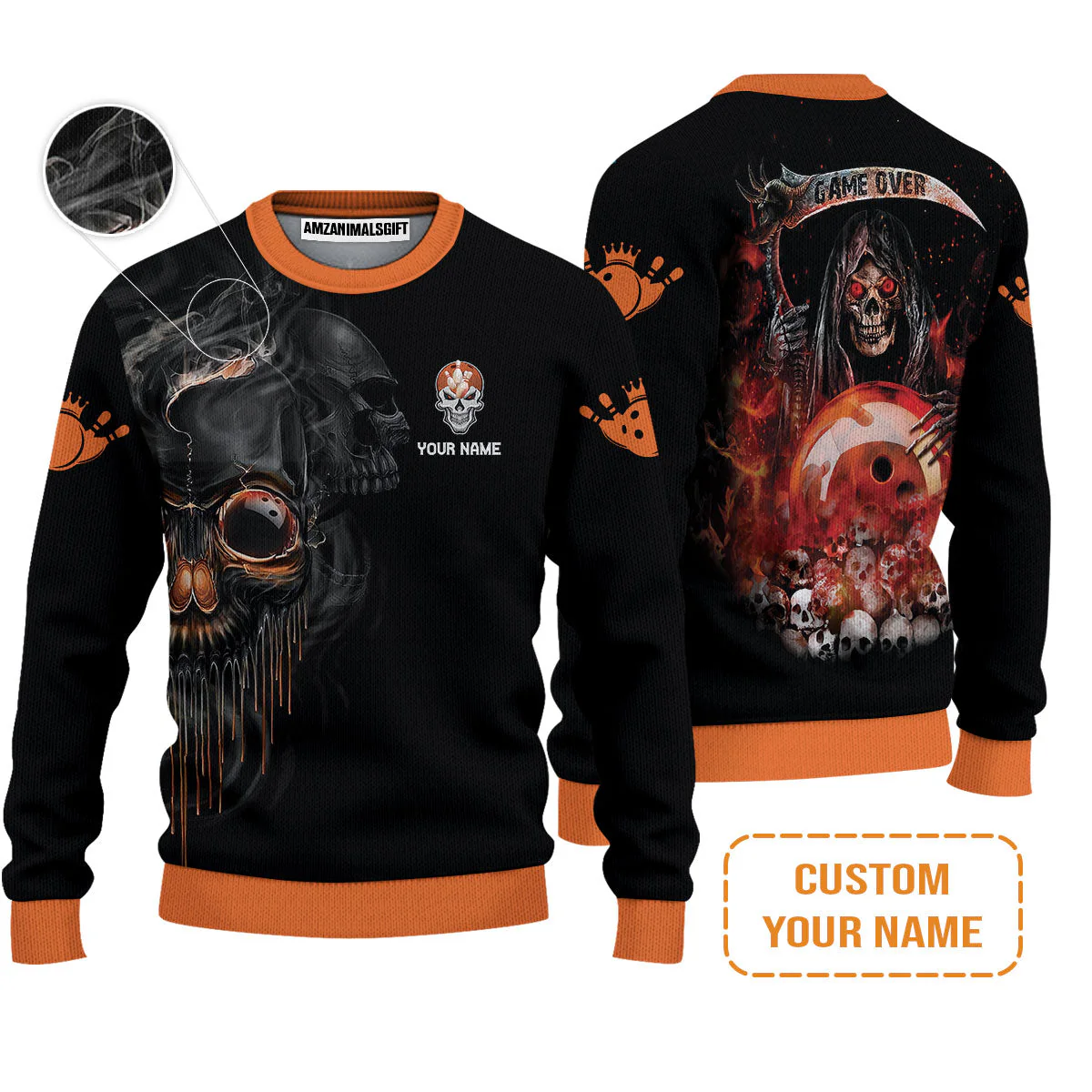 Customized Name Bowling Men's Long Sleeve Polo Shirt, Orange Grim Reaper Personalized Bowling Long Sleeve Polo Shirt - Image 4