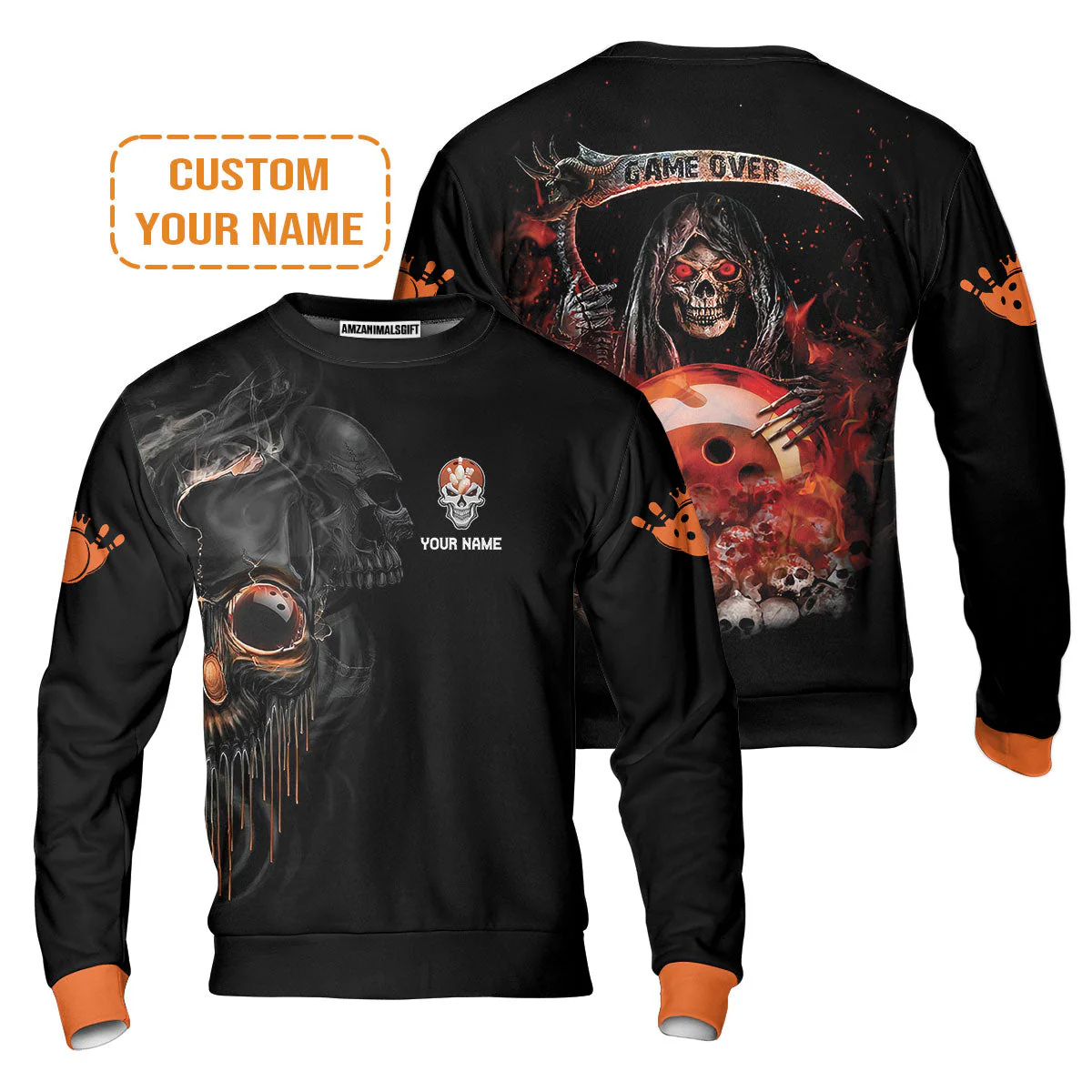 Customized Name Bowling Men's Long Sleeve Polo Shirt, Orange Grim Reaper Personalized Bowling Long Sleeve Polo Shirt - Image 6
