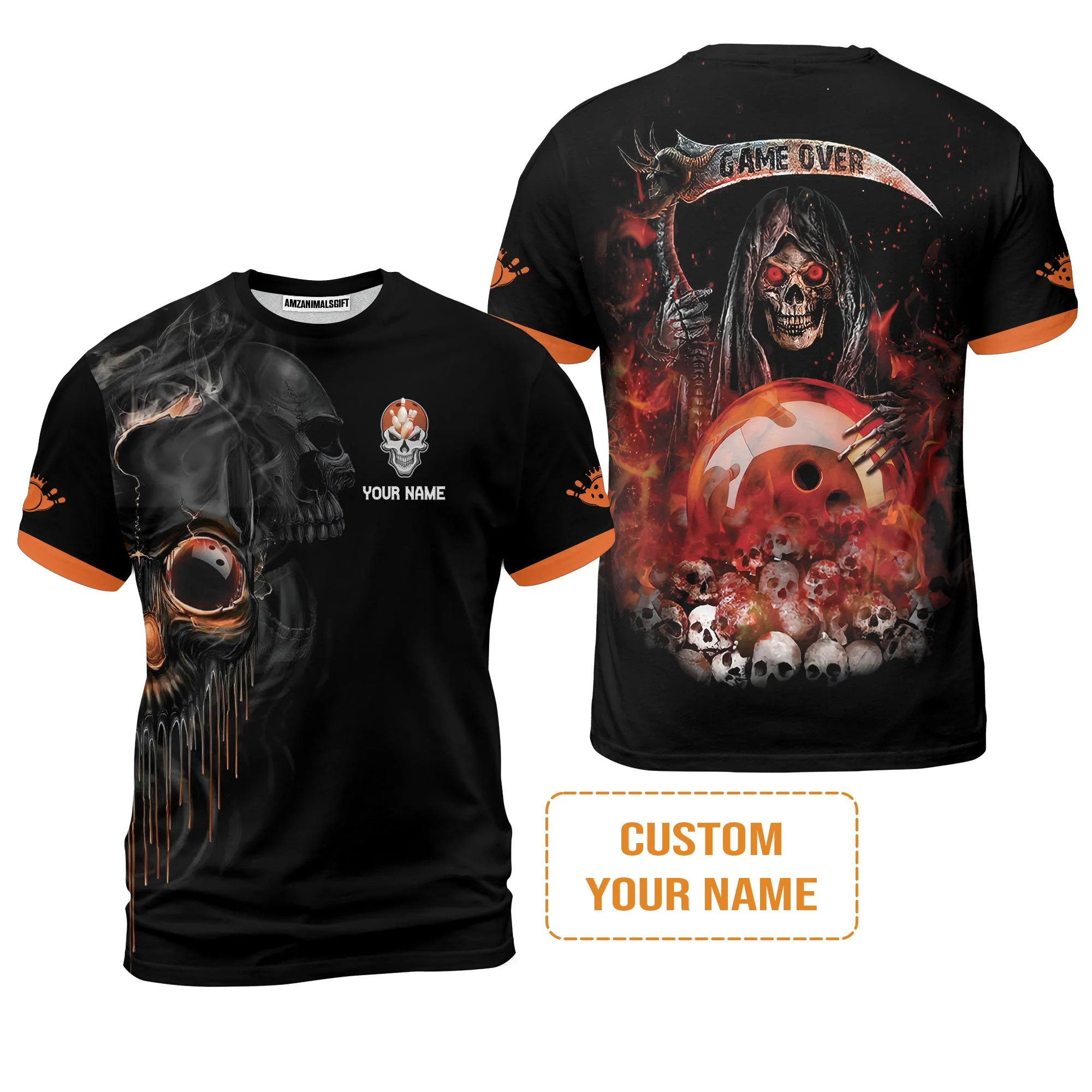 Customized Name Bowling Men's Long Sleeve Polo Shirt, Orange Grim Reaper Personalized Bowling Long Sleeve Polo Shirt - Image 7
