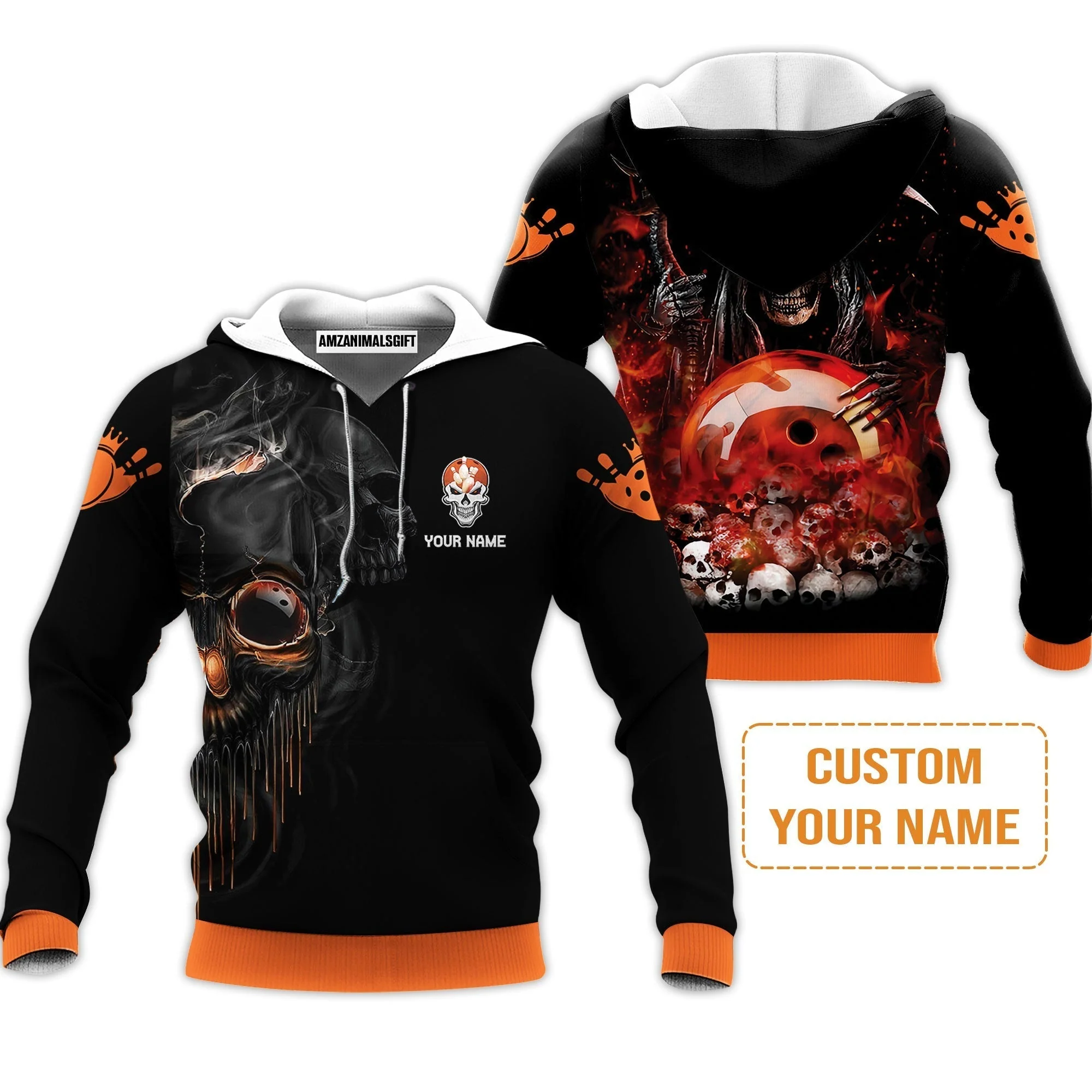 Customized Name Bowling Sweatshirt, Orange Grim Reaper Personalized Bowling Sweatshirt - Image 3