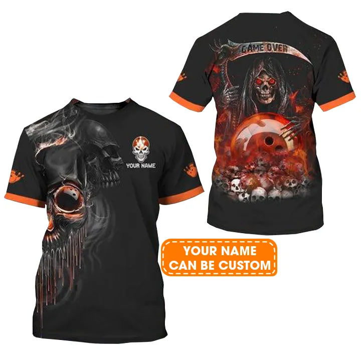 Customized Name Bowling T Shirt, Orange Grim Reaper Bowling Personalized Bowling T Shirt For Men - Gift For Bowling Lovers, Bowlers - Image 2