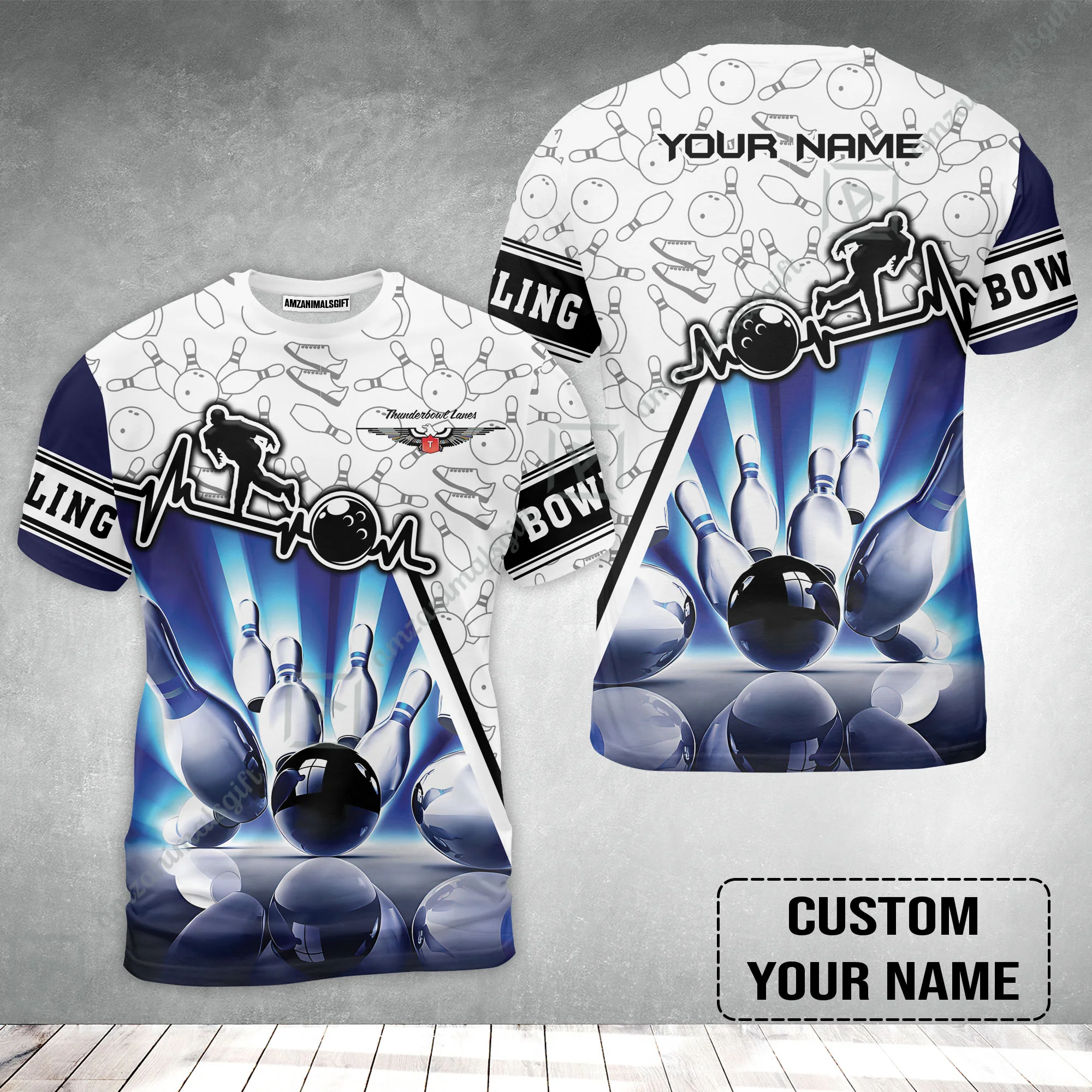 Customized Name Bowling T-Shirt, Personalized Unique Design Blue Heartbeat Bowling T-Shirt - Image 2
