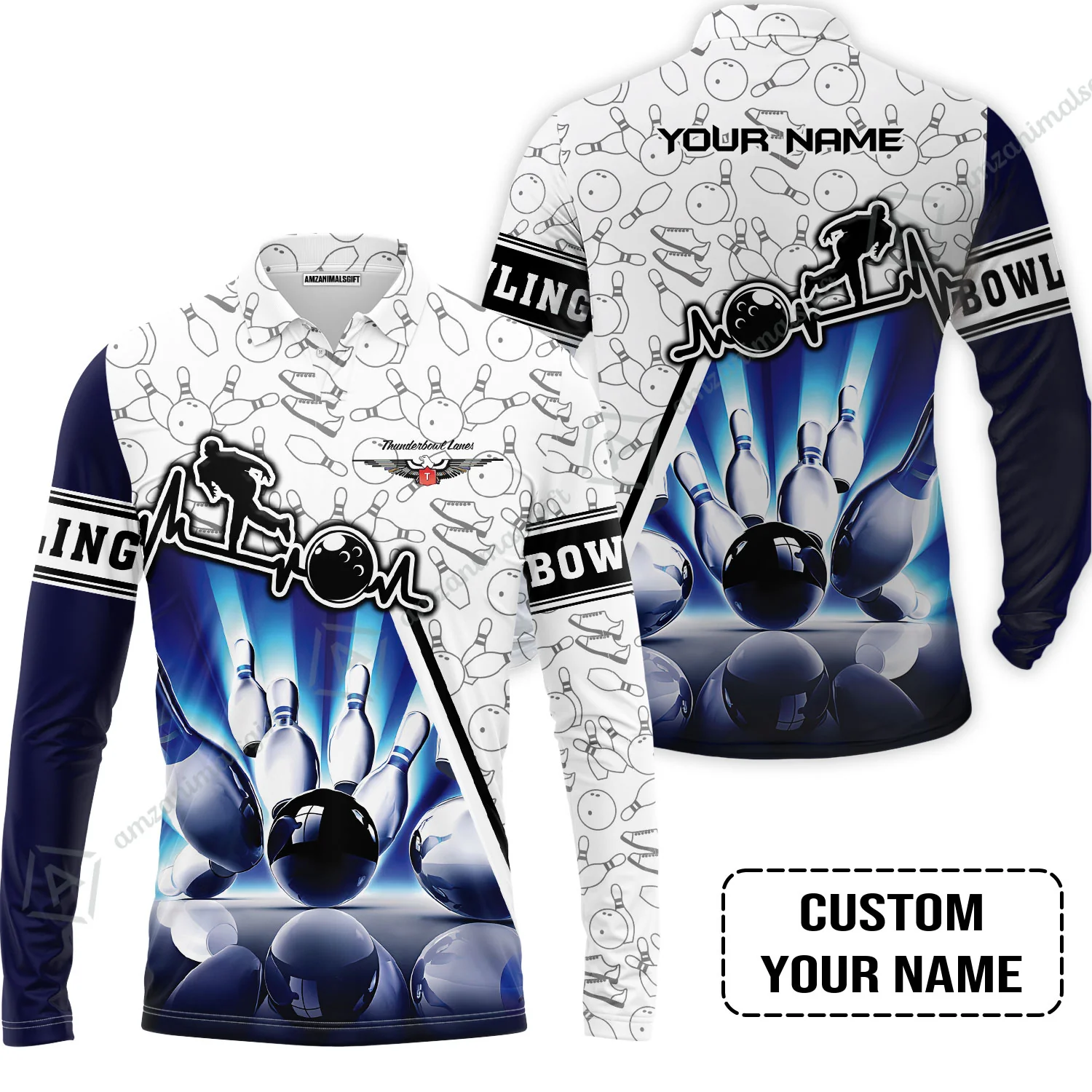 Customized Name Bowling Hawaiian Shirt, Personalized Unique Design Blue Heartbeat Bowling Hawaiian Shirt - Image 7