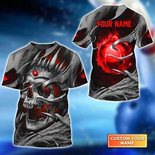 Customized Name Bowling T Shirt, Skull Personalized Red Bowling Ball With Fire Flame Bowling T Shirt For Men - Gift For Bowling Lovers
