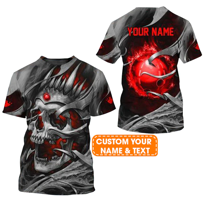 Customized Name Bowling T Shirt, Skull Personalized Red Bowling Ball With Fire Flame Bowling T Shirt For Men - Gift For Bowling Lovers - Image 2