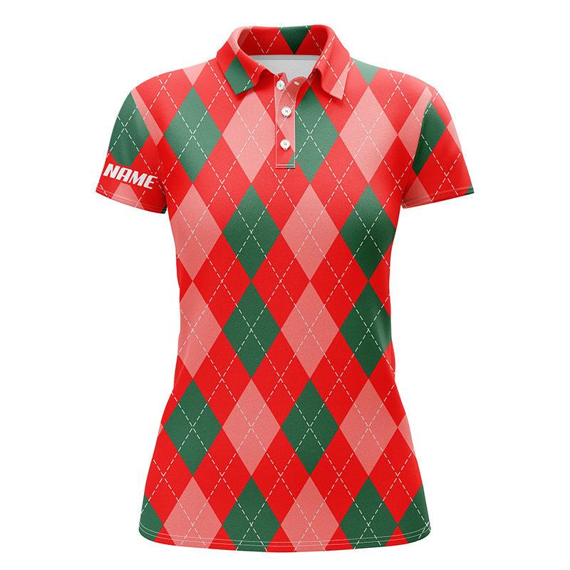 Customized Name Christmas Women Polo Shirts, Personalized Christmas Plaid Argyle Red Pattern Polo Shirts - Perfect Gift For Ladies, Christmas Day - Image 2