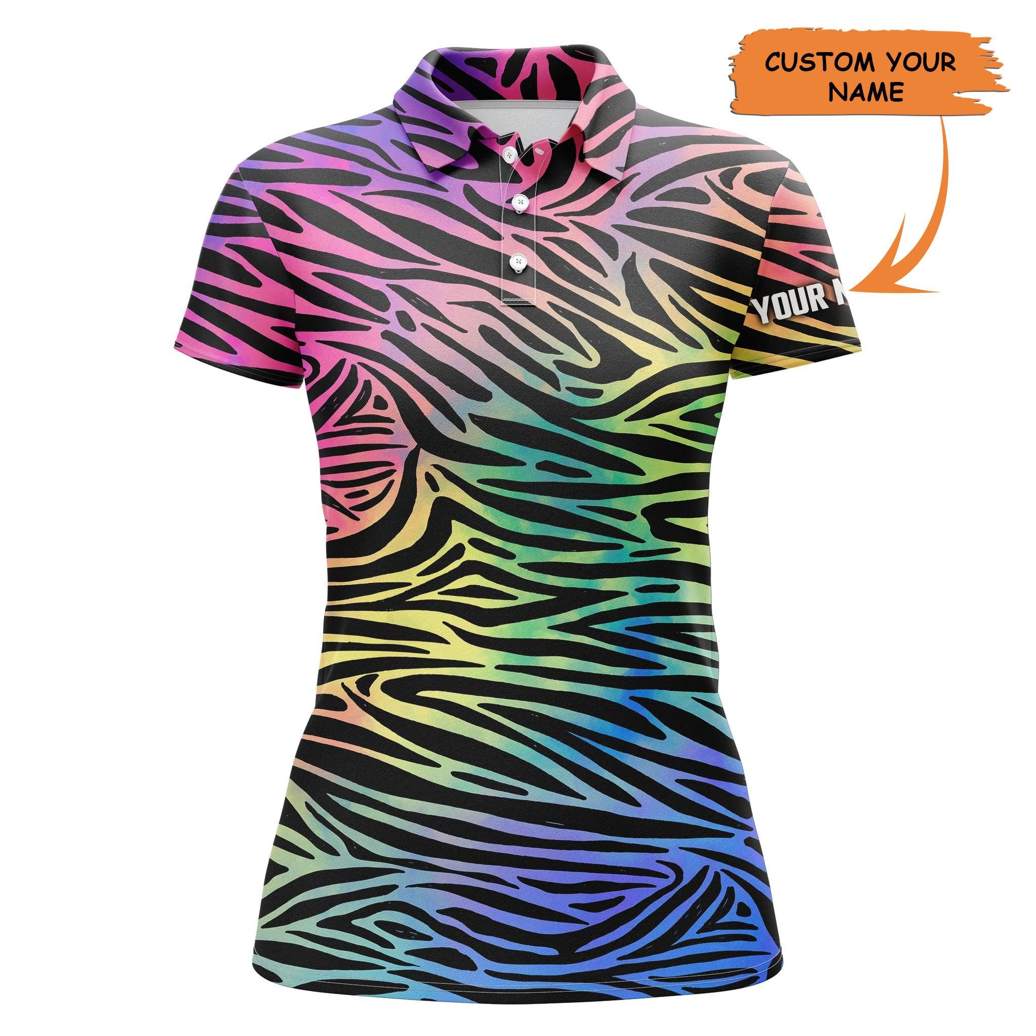 Customized Name Colorful Rainbow Women Polo Shirts, Personalized Colorful Neon Rainbow Zebra Skin Polo Shirts - Perfect Gift For Ladies, Women