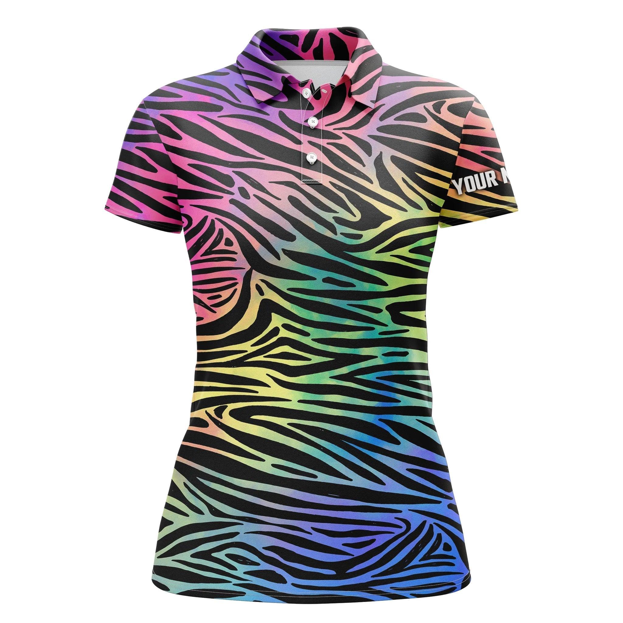 Customized Name Colorful Rainbow Women Polo Shirts, Personalized Colorful Neon Rainbow Zebra Skin Polo Shirts - Perfect Gift For Ladies, Women - Image 2