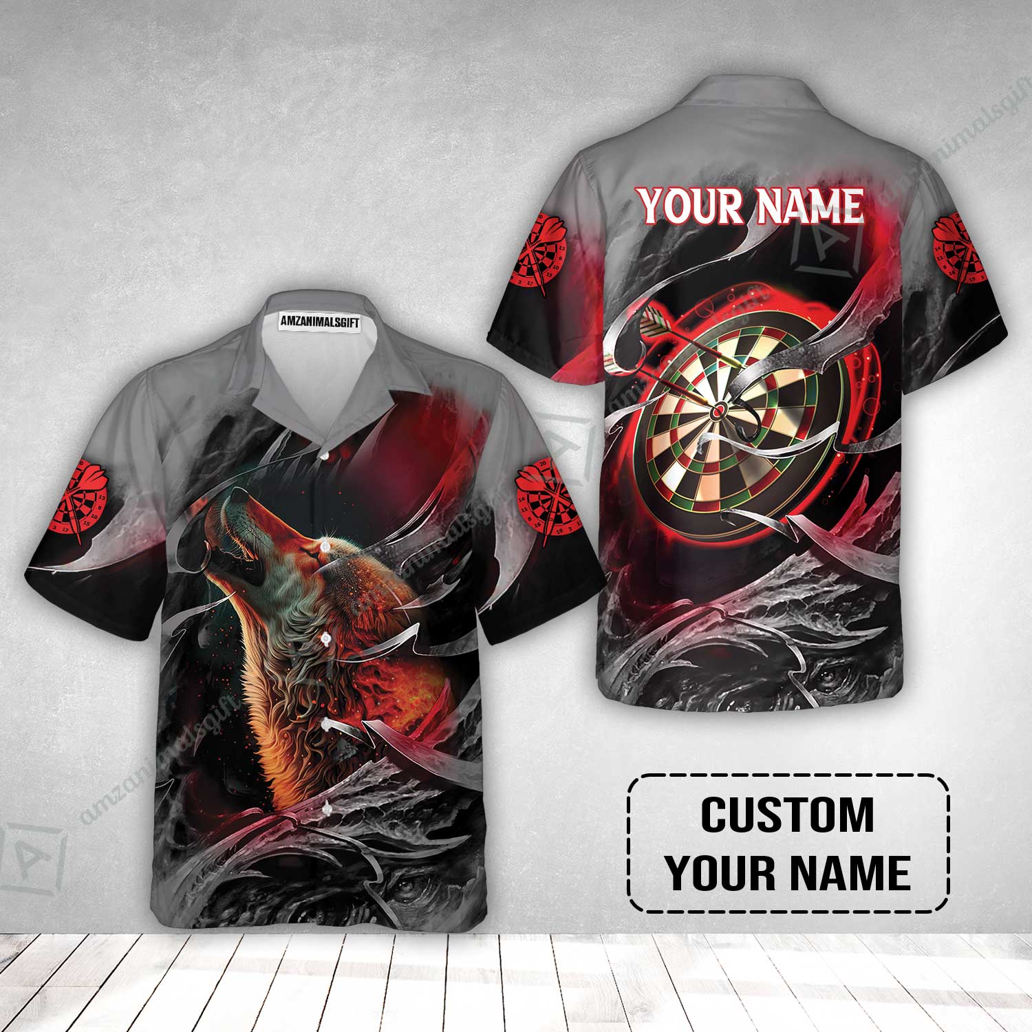 Customized Name Darts Hawaiian Shirt, Bullseye Dartboard Personalized Flame Wolf And Darts Hawaiian Shirt - Image 2