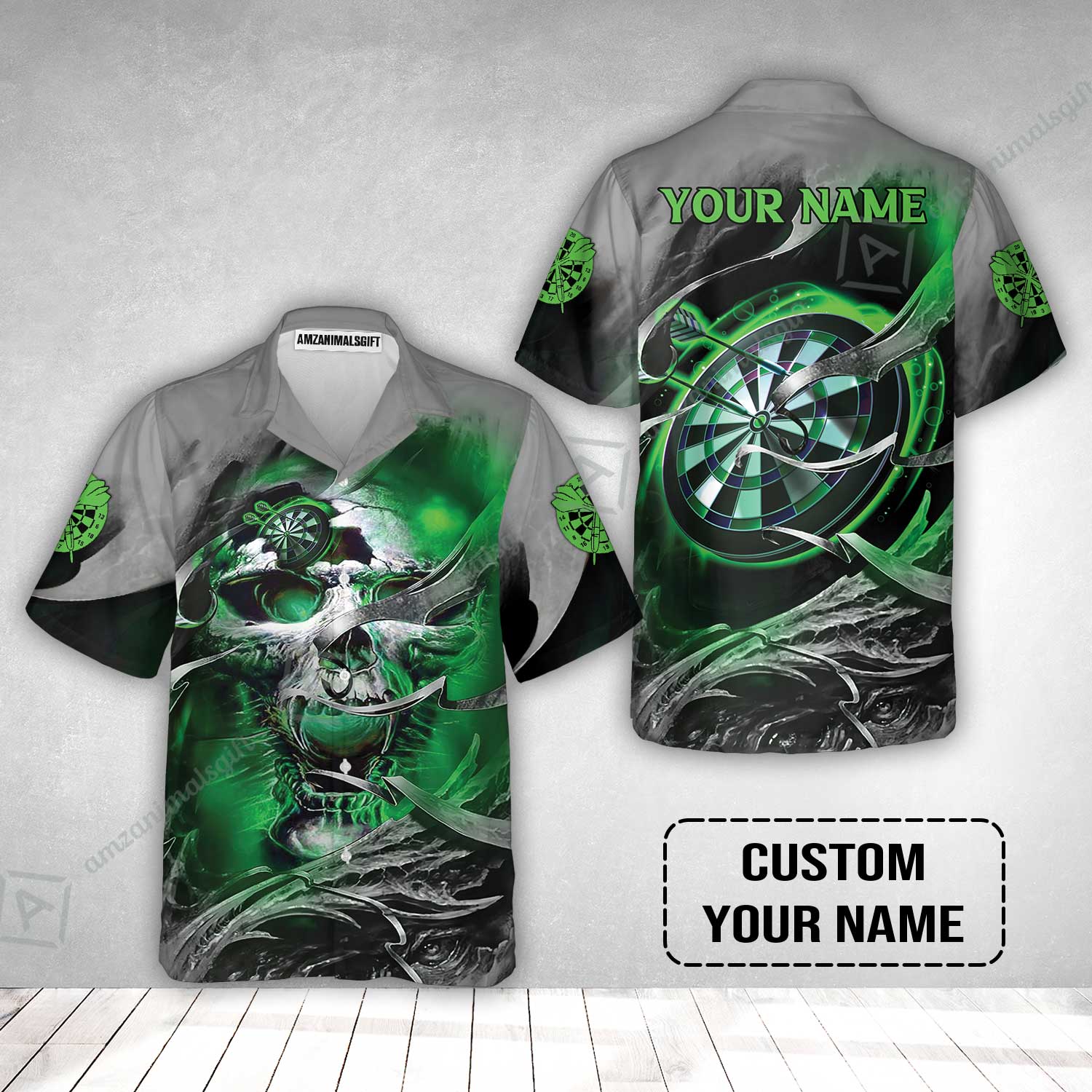 Customized Name Darts Hawaiian Shirt, Green Skull Light Dartboard Personalized Hawaiian Shirt - Image 2