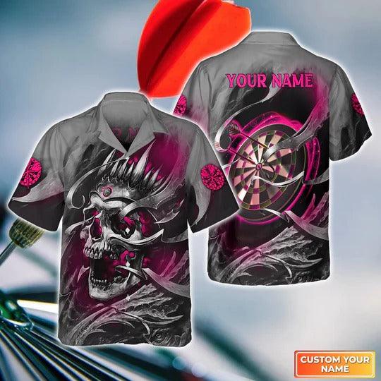 Customized Name Darts Hawaiian Shirts, Pink Skull Dartboard Personalized Name Darts Aloha Shirts For Men - Gift For Darts Lovers, Darts Team Players