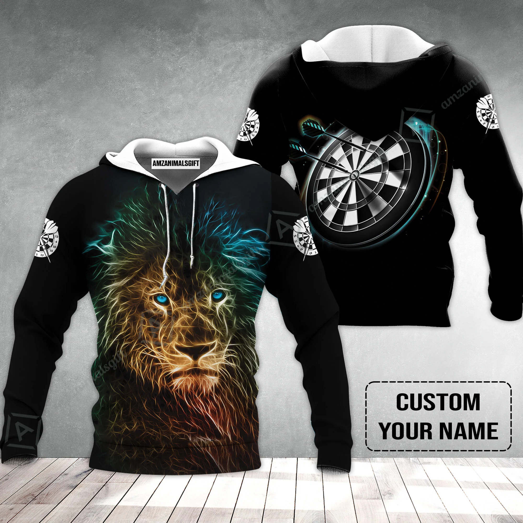 Customized Name Darts Hoodie, Blue Bullseye Dartboard Personalized Lion And Darts Hoodie - Image 2